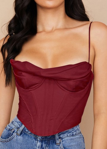Zomer Vrouwen Sexy Wijnrood Luxe Rits Terug Crop Padded Bralette Corset Top