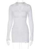 Spring Women Sexy White Turndown Collar V-neck Long Sleeve Bodycon Dress