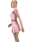 Summer Women Sexy Pink  Zpper Sleeveless Crop Tank and A-line Skirt Wholesale Two Piece Sets