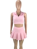 Summer Women Sexy Pink  Zpper Sleeveless Crop Tank and A-line Skirt Wholesale Two Piece Sets