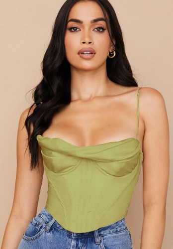Top espartilho acolchoado para mulheres verão sexy verde luxo com zíper nas costas