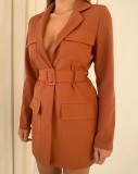 Spring Women Orange Turndown Collar Full Sleeve Pocket Long Blazer with Belt