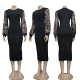 Spring Women Multicolor Sequins Puff Sleeve 0-neck Slim Fit Black Midi Dress
