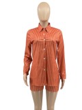 Spring Women Casual Orange Stripes Long Sleevve Loose Blouse and Match Shorts Cheap Wholesale Two Piece Sets