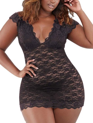 Plus Size Women Sexy Black Lace V-neck Transparent Temptation Tight Nightclub Underwear Lingerie Dress