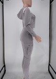Spring Women Casual Gray Zipper Long Sleeve Hoodies and Sweatpants Two Piece Wholesale Sportswear