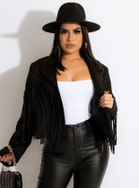 Весенняя женская сексуальная черная куртка с отложным воротником и длинным рукавом с бахромой и кисточками