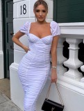 Summer Women Elegant White Sweetheart Puff Short Sleeve Ruched Bodycon Dress
