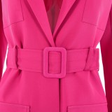 Spring Women Rose Red Turndown Collar Full Sleeve Pocket Long Blazer with Belt