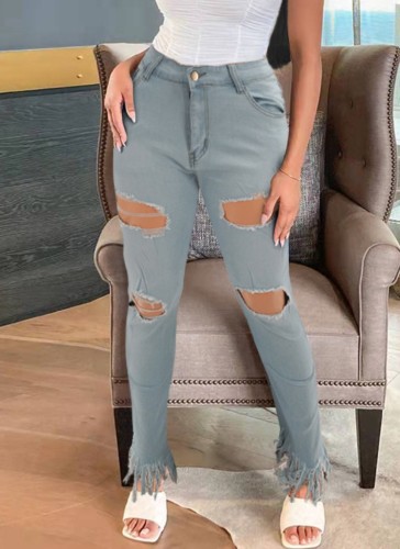 Kış Kadın Seksi Artı Boyutu Açık Renk Yüksek Bel Yırtık Delik Fringe Püsküller Slim Fit Jeans