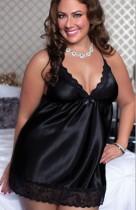 Plus Size Women Sexy Luxury Black Lace Satin Canotta Cinghie Abito da notte