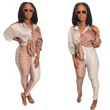 Spring Women White and Brown Printed Long Sleeve Loose Blouse and Match Pants Wholesale Two Piece Sets