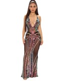 Spring Women Sexy Multicolor Sequins Plunge V-neck Backless See Through Straps Mermaid Evening Dress