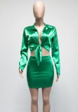Spring Women Sexy Green Turndown Collar Tied Bow Long Sleeve Crop Blouse and Pencil Skirt Wholesale Two Piece Sets