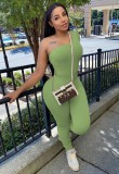Spring Women Sexy Green One Shoulder Long Sleeve Slim Fit Two Piece Pants Set