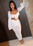 Sprng Women Sexy White Mesh Bow Sweetheart Puff Sleeve Crop Top and Ruched Pants Wholesale Two Piece Sets