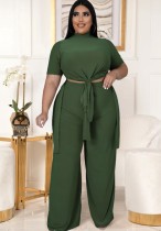 Bahar Büyük Beden Yeşil Yüksek Yaka Kısa Kollu Uzun Üst Ve Gevşek Pantolon Toptan 2 Parça Kıyafetler
