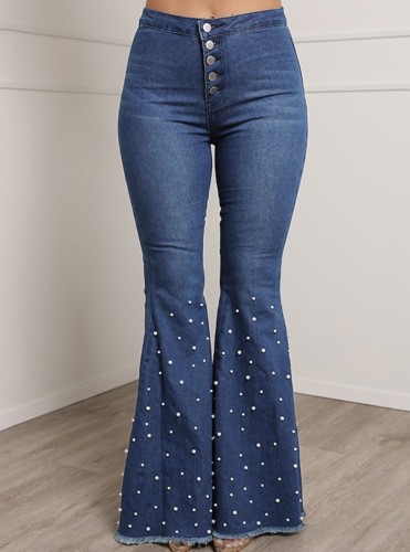 Lente Sexy Lt-Blauwe Hoge Wasit Knopen Bubble Bead Flared Jeans