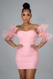 Summer Sexy Pink Puffed Lace Short Sleeve Off Shoulder Bodycon Dress