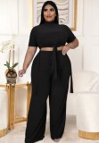 Spring Plus Size Black High Collar Short Sleeve Long Top And Loose Pant Wholesale 2 Piece Outfits