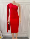 Spring African Elegant Red Sloping Shoulder With Cape Sleeve Midi Dress