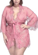 Tallas grandes de encaje rosa sexy para mujer con cinturón camisón bata lencería