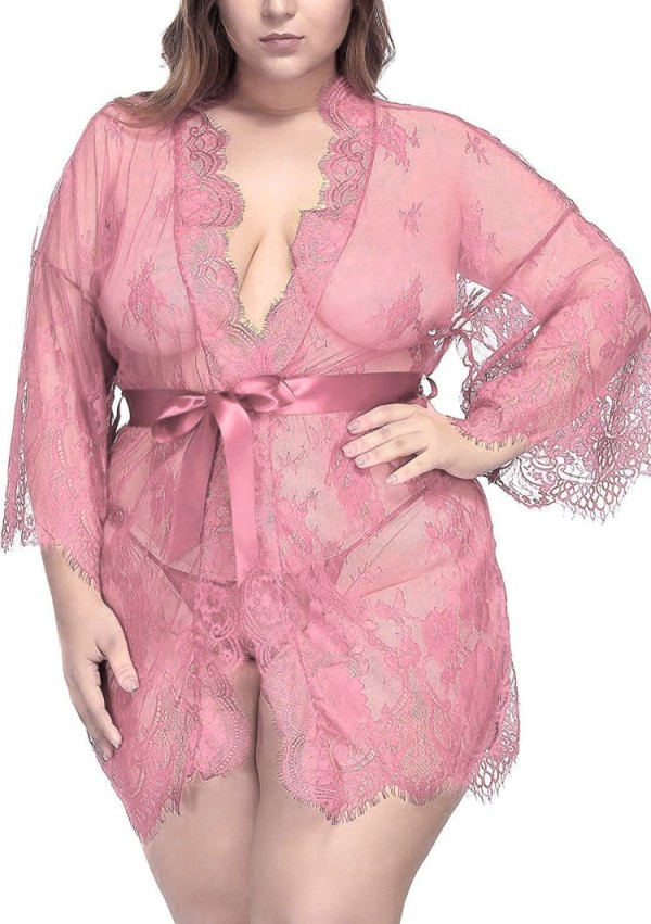 Plus Size Women Sexy Pink Lace With Belt Nightgown Robe Lingerie