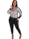 Spring Fashion Silver Sequins Zipper Top And Pant Wholesale Women'S Two Piece Sets