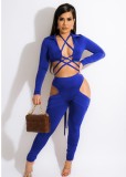 Spring Sexy Blue Bandage Hollow Out Long Sleeve Crop Top And Cut Out Pant Wholesale Two Piece Sets
