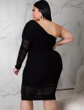 Spring Plus Size Sexy Black Mesh See Through One Shoulder Long Sleeve Dress