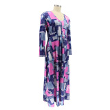 Spring Plus Size Fashion Print V Neck Long Sleeve Long Dress
