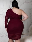 Spring Plus Size Sexy Red Mesh See Through One Shoulder Long Sleeve Dress