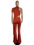 Summer Sexy Orange Irregular Round Neck Short Sleeve Top And Pant Wholesale Two Piece Clothing
