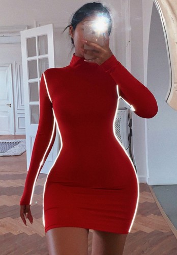 Bahar Seksi Kırmızı Yüksek Yaka Uzun Kollu Bodycon Elbise