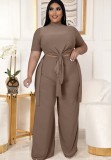 Spring Plus Size Kahaki High Collar Short Sleeve Long Top And Loose Pant Wholesale 2 Piece Outfits
