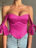 Summer Sexy Pink Satin Off Shoulder With Bow Sleeve Top