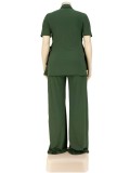 Spring Plus Size Green High Collar Short Sleeve Long Top And Loose Pant Wholesale 2 Piece Outfits