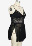 Plus Size Women Sexy Black See Through Mesh With Lace Braces Dress And Panty Lingerie Set