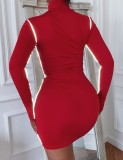 Spring Sexy Red High Collar Long Sleeve Bodycon Dress