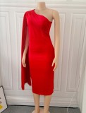 Spring African Elegant Red Sloping Shoulder With Cape Sleeve Midi Dress