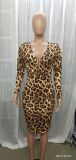 Spring Women Elegant Leopard Printed V-neck Long Sleeve Slim Fit Formal Midi Dress