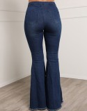 Spring Sexy Blue High Wasit Buttons Bubble Bead Flared Jeans