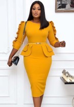 Bahar Afrika Sarı Yuvarlak Yaka Üç Çeyrek Kol Ruffles Kemerli Ofis Elbisesi