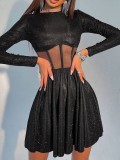 Spring Sexy Black Shine High Collar Long Sleeve Corset Slim Waist Mini Dress