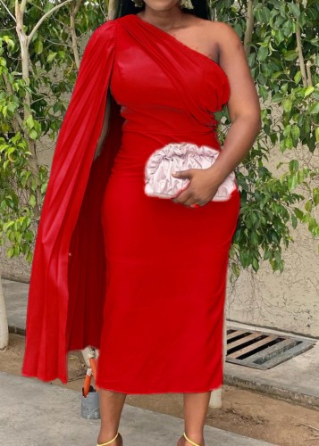 Lente Afrikaanse elegante rode schuine schouder met midi-jurk met capemouwen