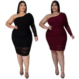 Spring Plus Size Sexy Black Mesh See Through One Shoulder Long Sleeve Dress