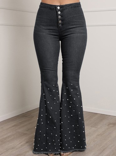 Spring Sexy Grey High Wasit Buttons Bubble Bead Flared Jeans