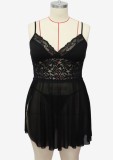 Plus Size Women Sexy Black See Through Mesh With Lace Braces Dress And Panty Lingerie Set