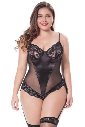 Plus size dames sexy zwarte mesh kanten bretels bodysuit lingerie