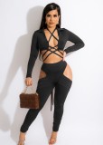 Spring Sexy Black Bandage Hollow Out Long Sleeve Crop Top And Cut Out Pant Wholesale Two Piece Sets